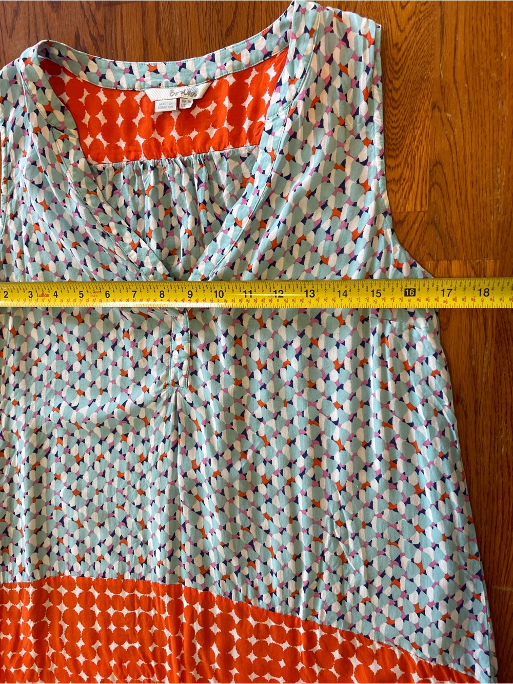Boden Blue Patterned and Orange Colorblock Sleeveless V-Neck Top - Picture 4 of 7
